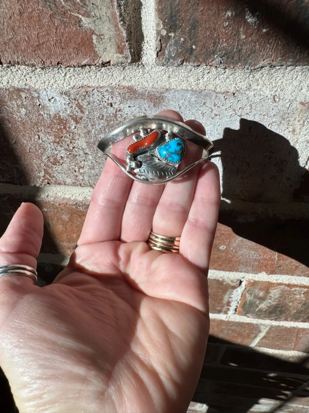 Native American David F Garcia Sterling Silver Turquoise and Coral Cuff Bracelet